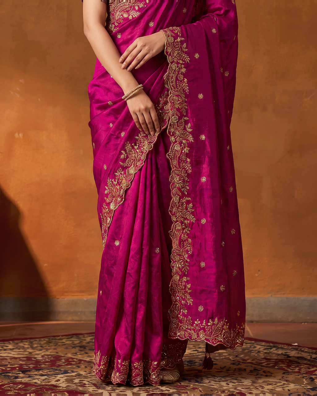 Arpita Embroidered Butti Festive Saree with Ornate Border - Rani - lower closeup