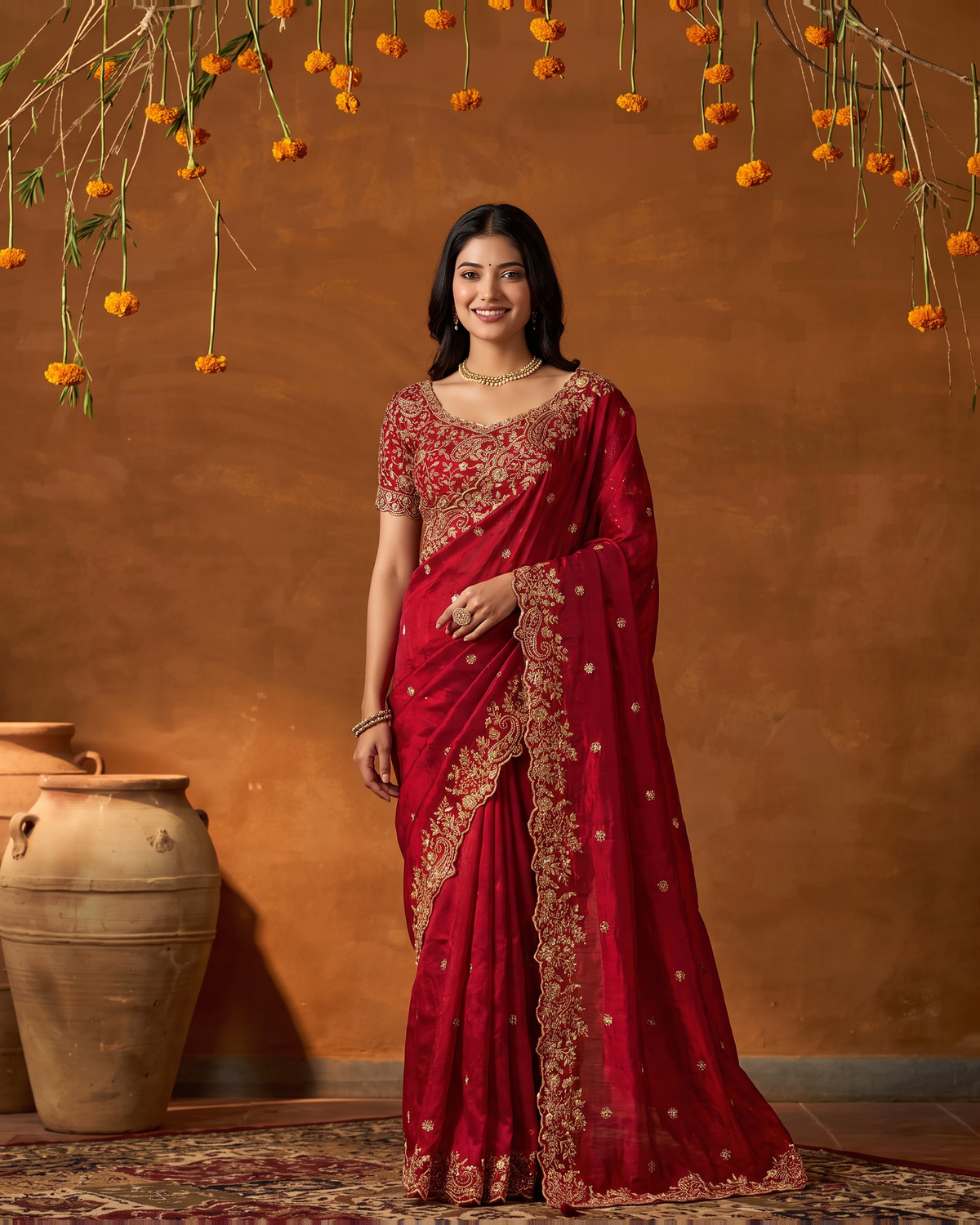 Arpita Embroidered Butti Festive Saree with Ornate Border - Red - full saree hero