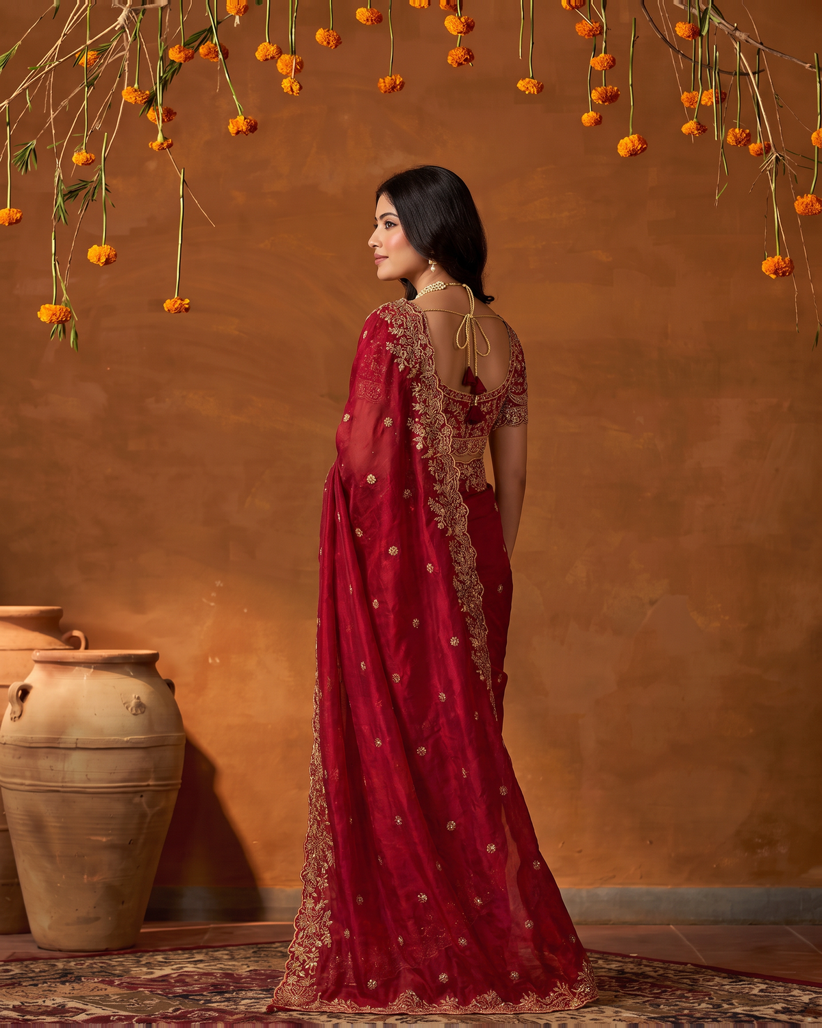 Arpita Embroidered Butti Festive Saree with Ornate Border - Red - side