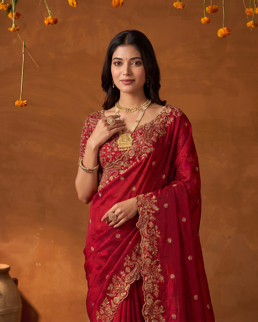 Arpita Embroidered Butti Festive Saree with Ornate Border - Red - upper closeup