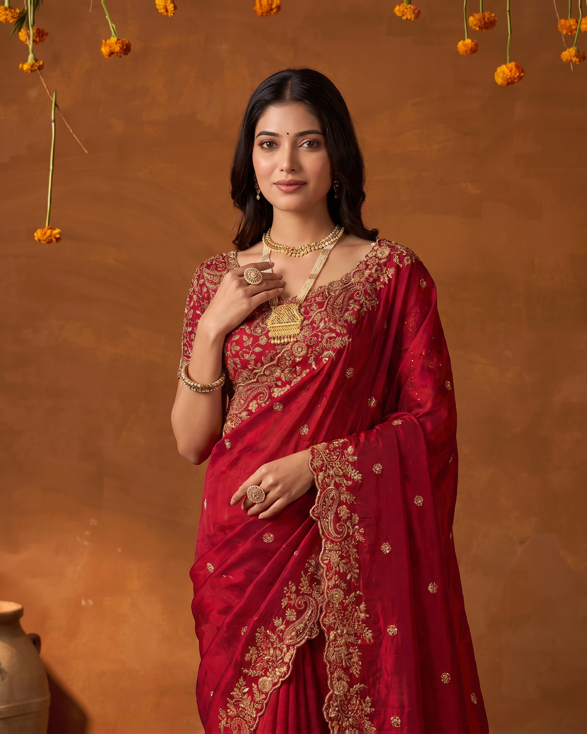 Arpita Embroidered Butti Festive Saree with Ornate Border - Red - upper closeup