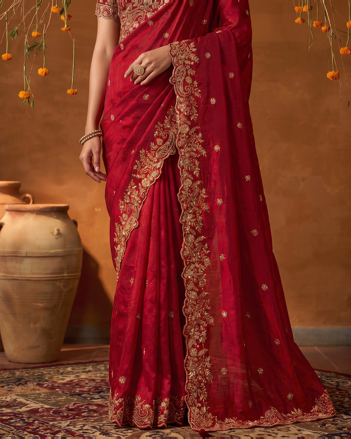 Arpita Embroidered Butti Festive Saree with Ornate Border - Red - lower closeup