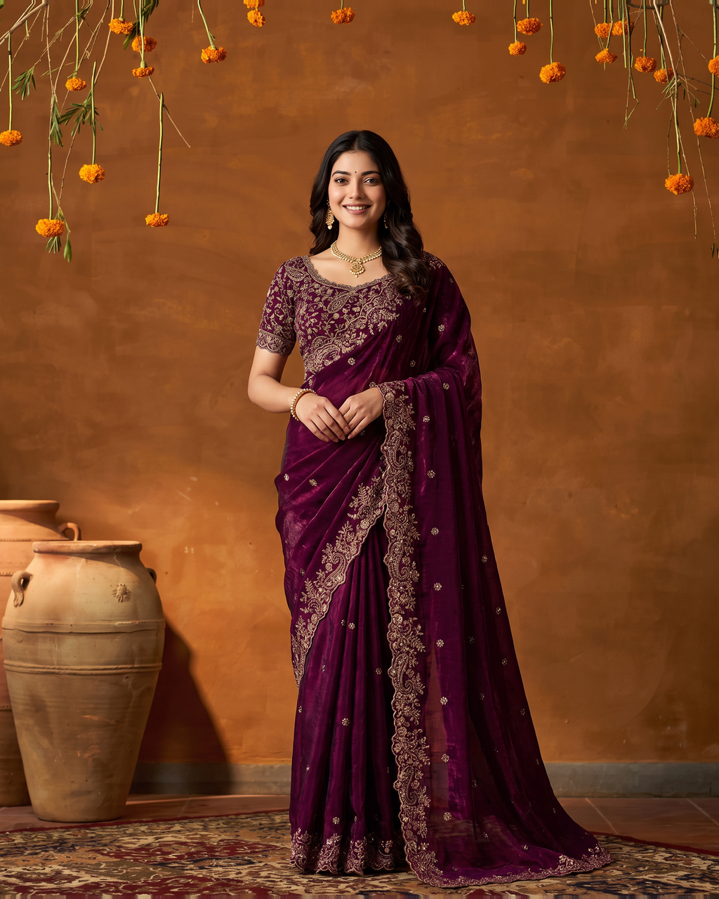 Arpita Embroidered Butti Festive Saree with Ornate Border - Wine - full saree hero