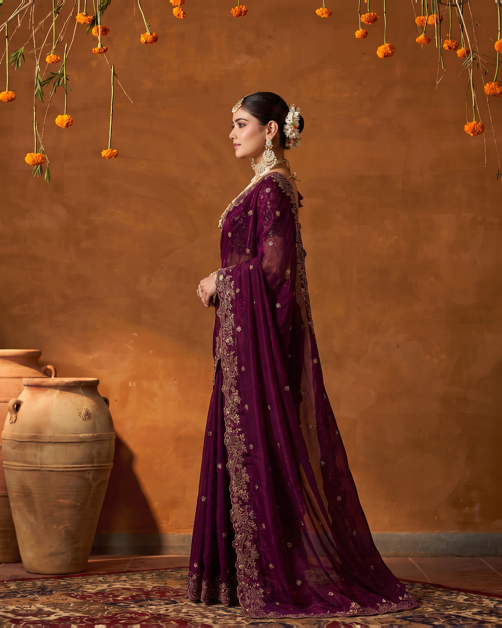 Arpita Embroidered Butti Festive Saree with Ornate Border - Wine - side