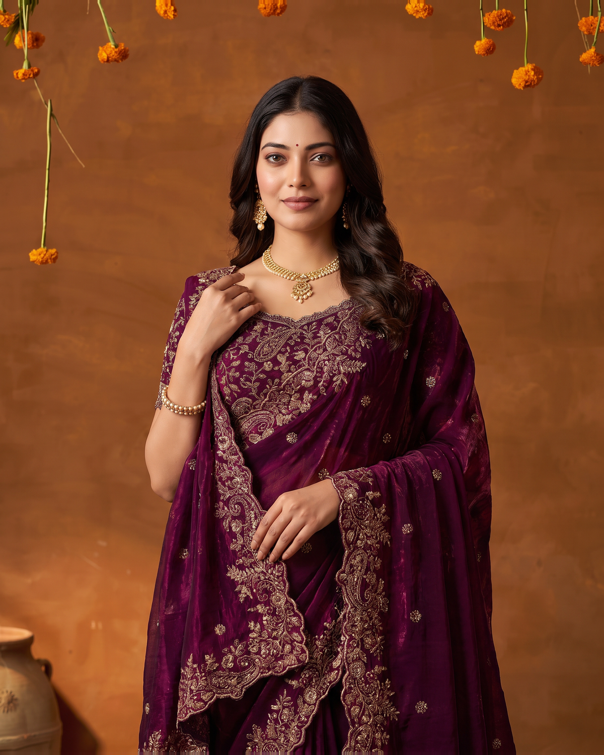Arpita Embroidered Butti Festive Saree with Ornate Border - Wine - upper closeup