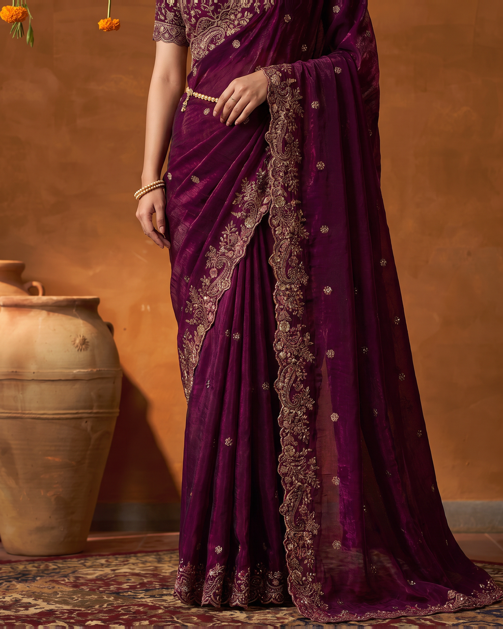 Arpita Embroidered Butti Festive Saree with Ornate Border - Wine - lower closeup