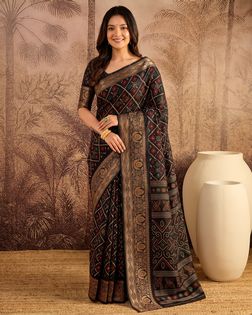 Avni Black Checks Festive Saree with Contemporary Border - Black - full saree hero
