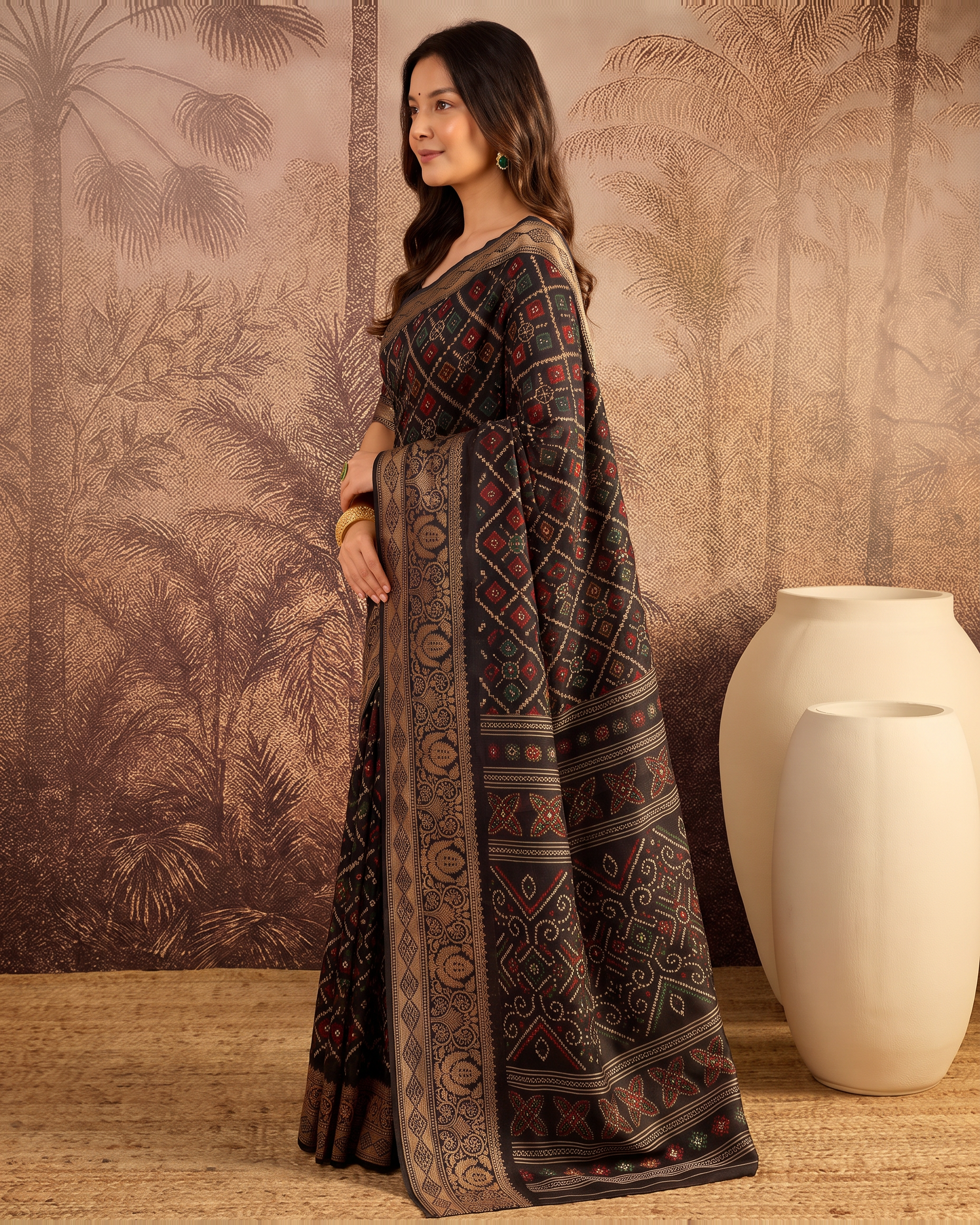 Avni Black Checks Festive Saree with Contemporary Border - Black - side