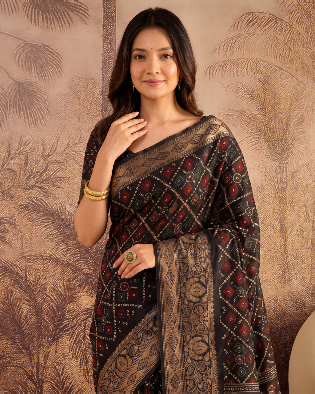 Avni Black Checks Festive Saree with Contemporary Border - Black - upper closeup