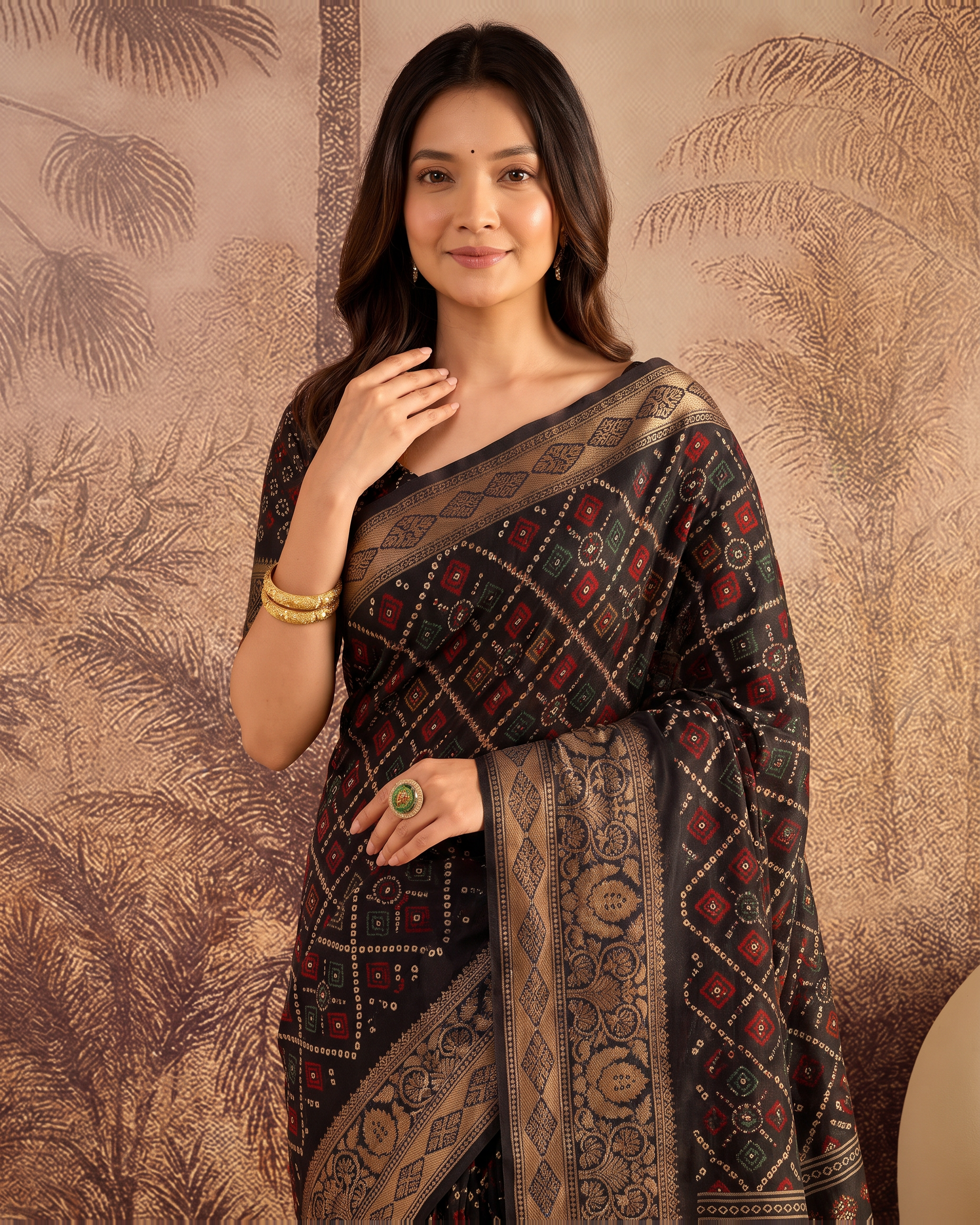 Avni Black Checks Festive Saree with Contemporary Border - Black - upper closeup