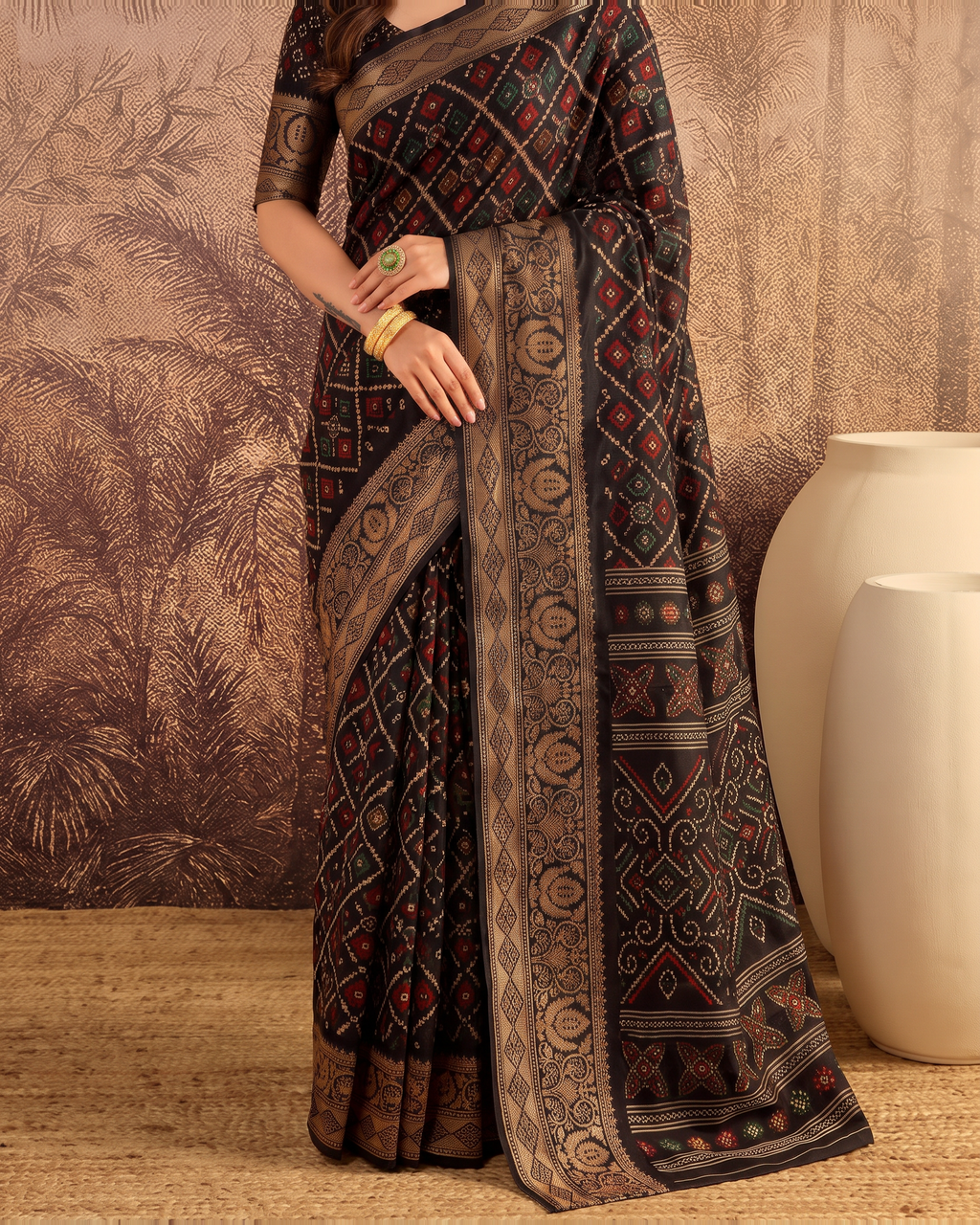 Avni Black Checks Festive Saree with Contemporary Border - Black - lower closeup