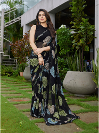 Elegant Black Floral Printed Georgette Saree with Designer Border – Party Wear & Casual Wear