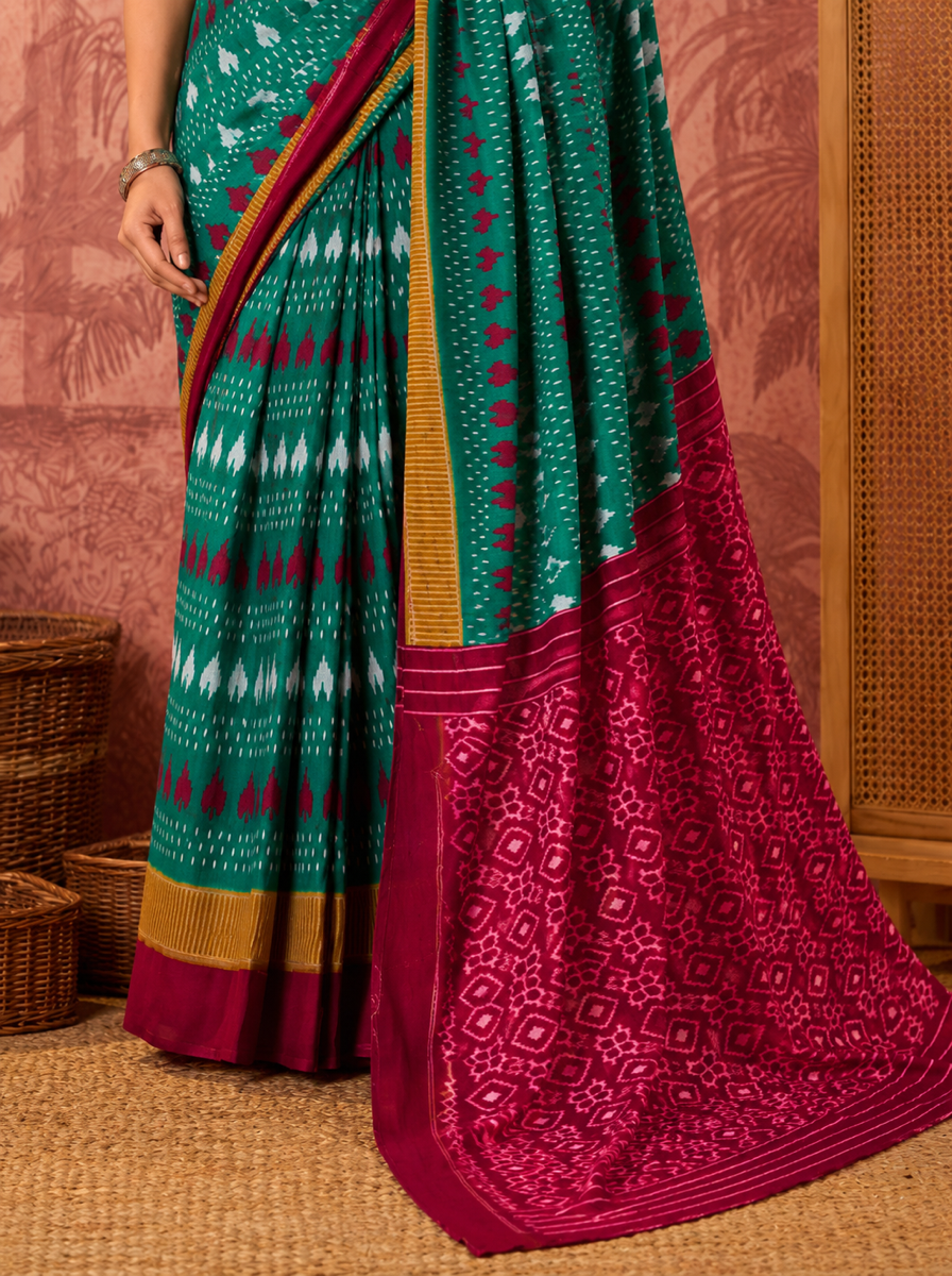 Rama green ikkat print cotton saree with blouse