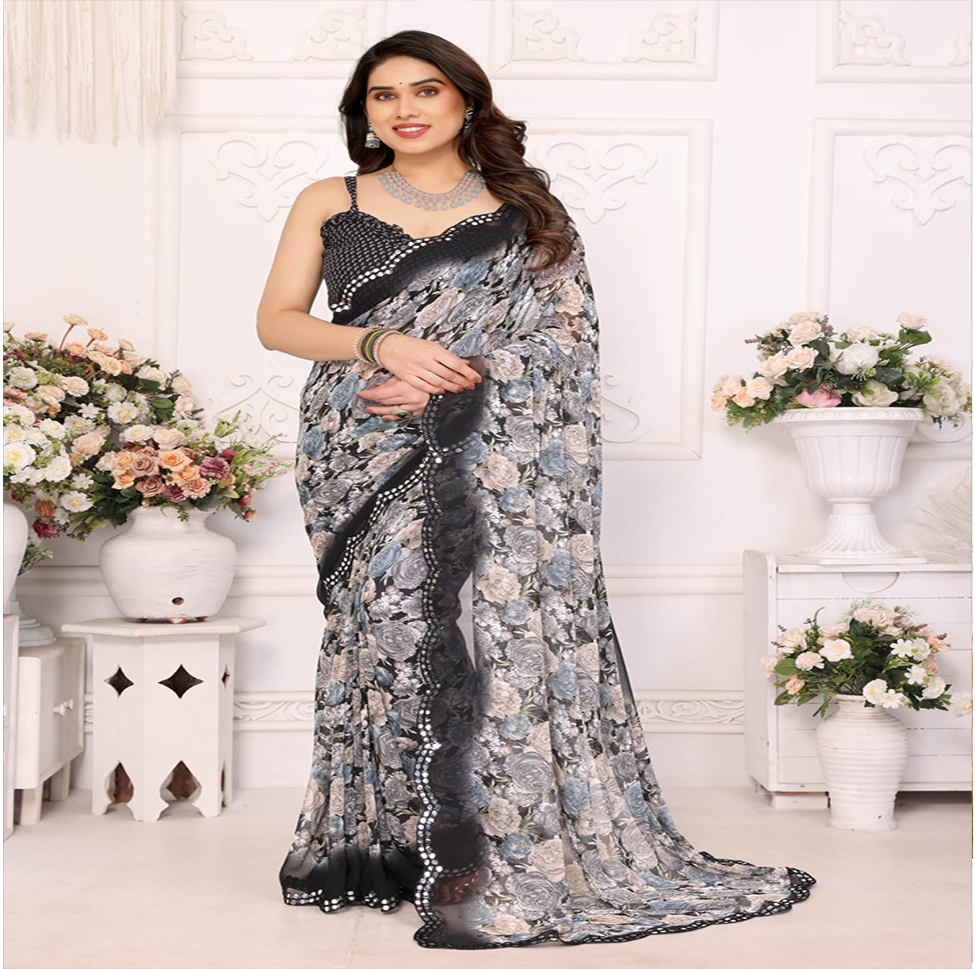 Elegant Black & Grey Floral Printed Saree with Designer Border – Party & Festive Wear