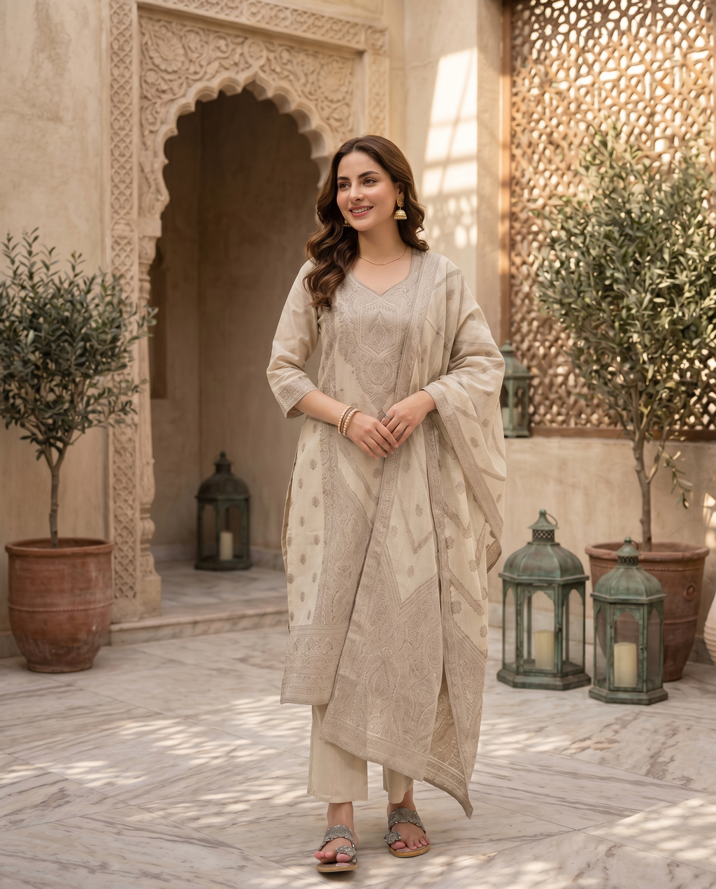 Beige Embroidered Salwar Suit Set with Cream & Brown Detail - front