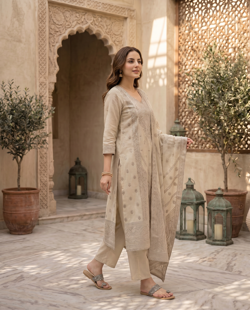 Beige Embroidered Salwar Suit Set with Cream & Brown Detail - side