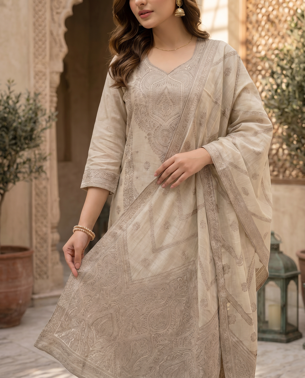 Beige Embroidered Salwar Suit Set with Cream & Brown Detail - closeup