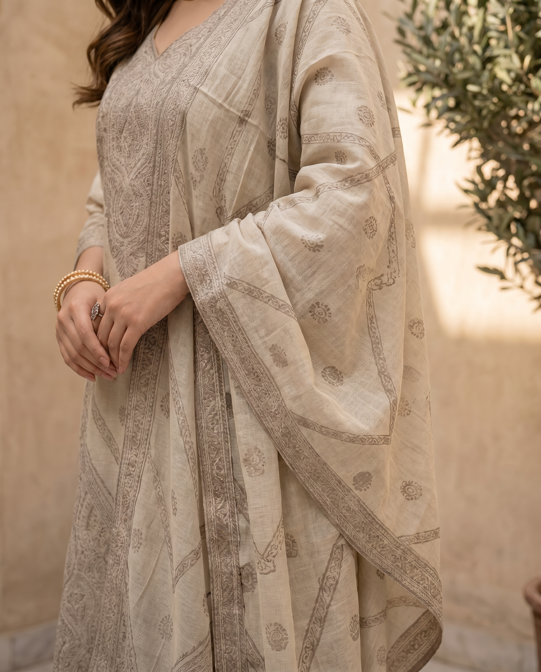 Beige Embroidered Salwar Suit Set with Cream & Brown Detail - dupatta