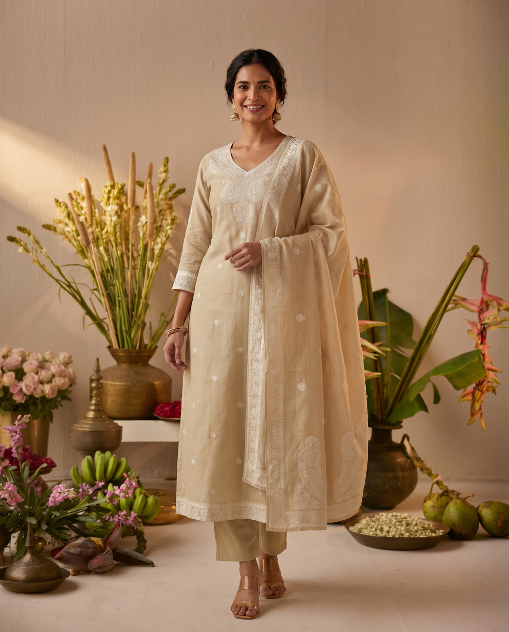 Beige Embroidered Salwar Suit Set with Cream Detail - front