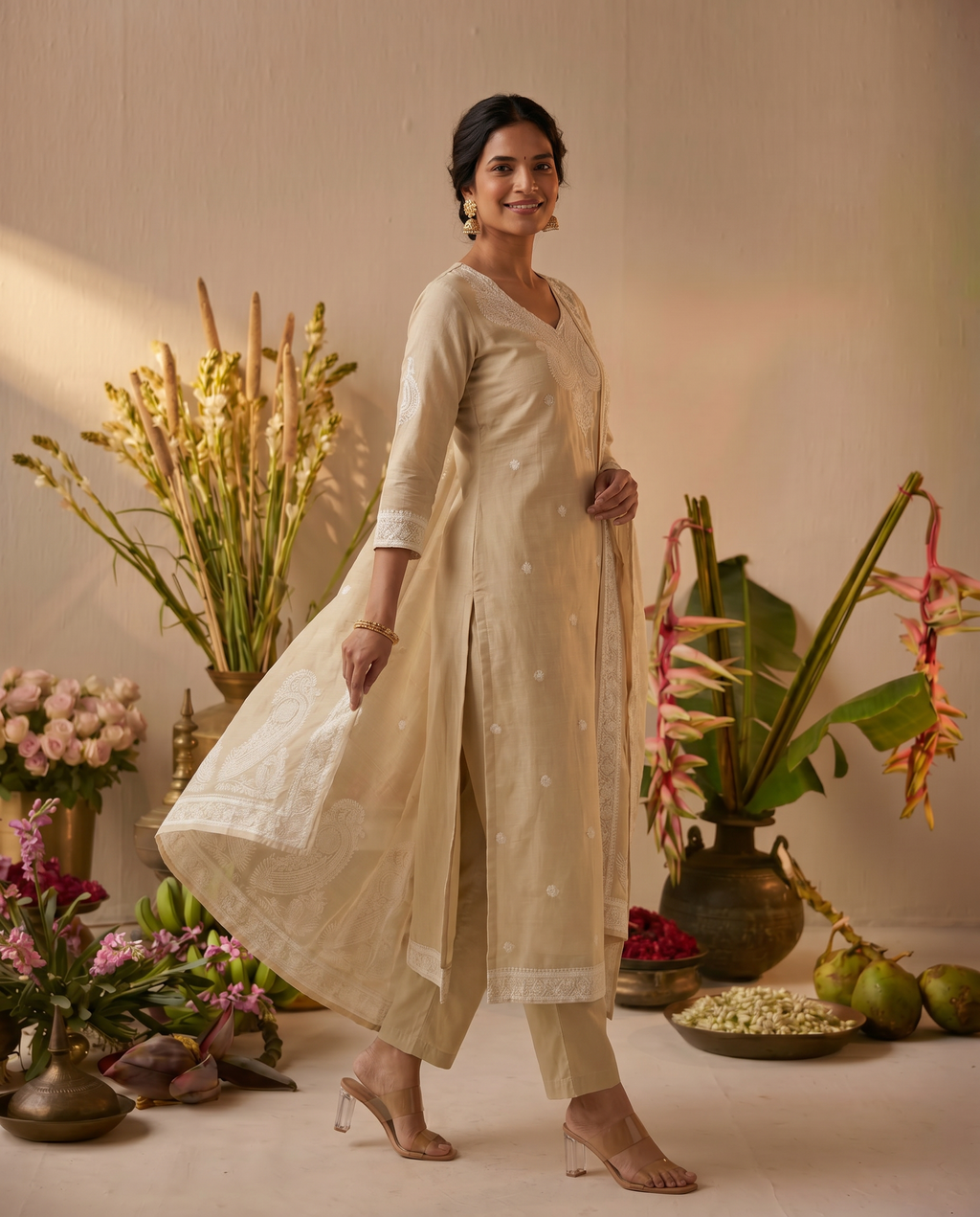 Beige Embroidered Salwar Suit Set with Cream Detail - side