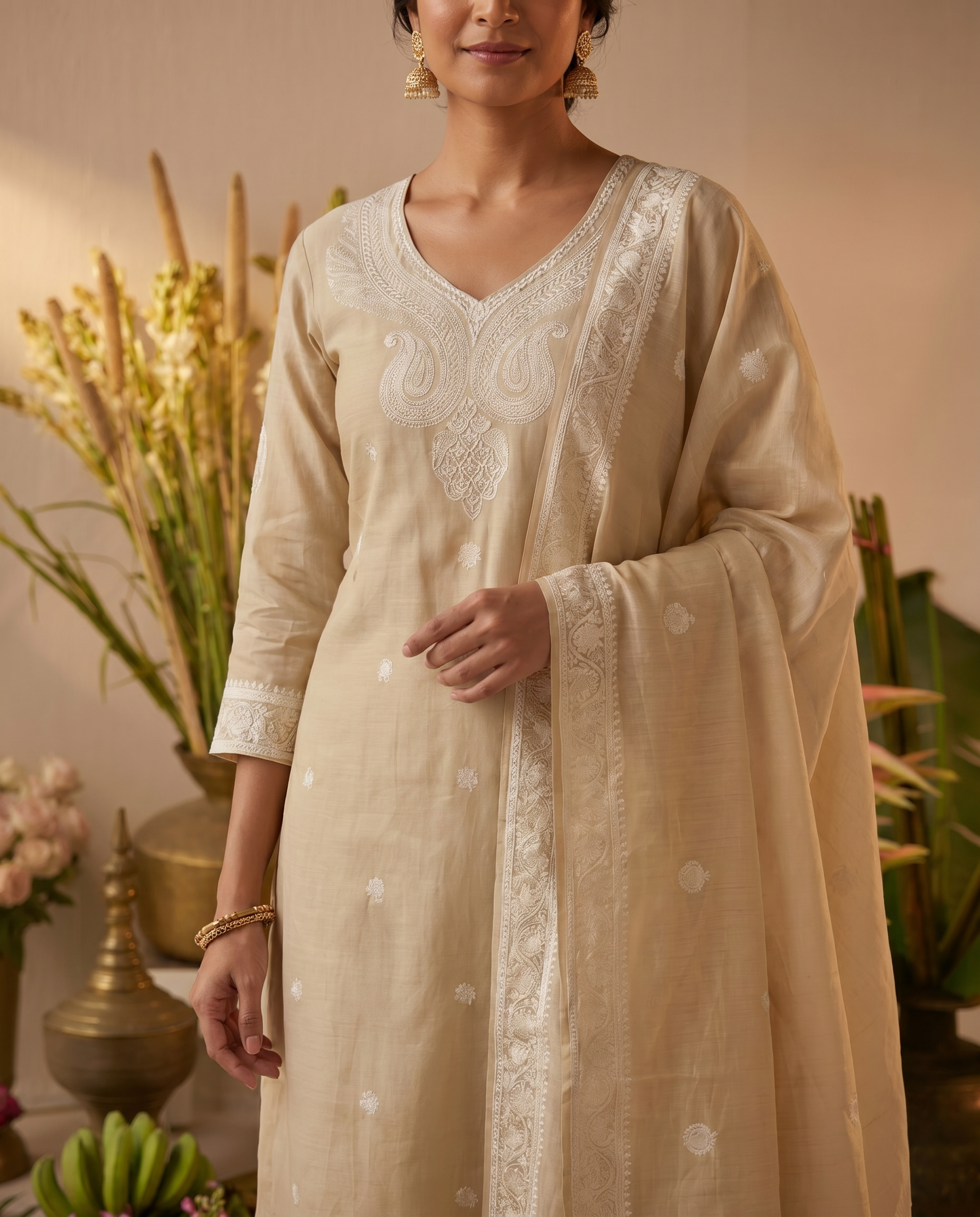 Beige Embroidered Salwar Suit Set with Cream Detail - closeup