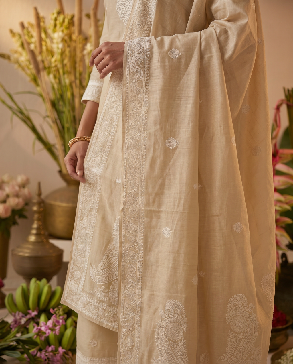 Beige Embroidered Salwar Suit Set with Cream Detail - dupatta