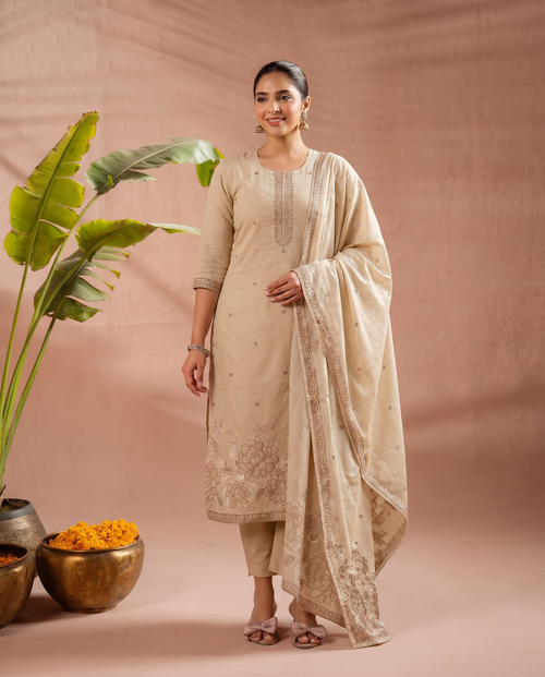 Beige Embroidered Salwar Suit Set with Gold & Brown Detail - front