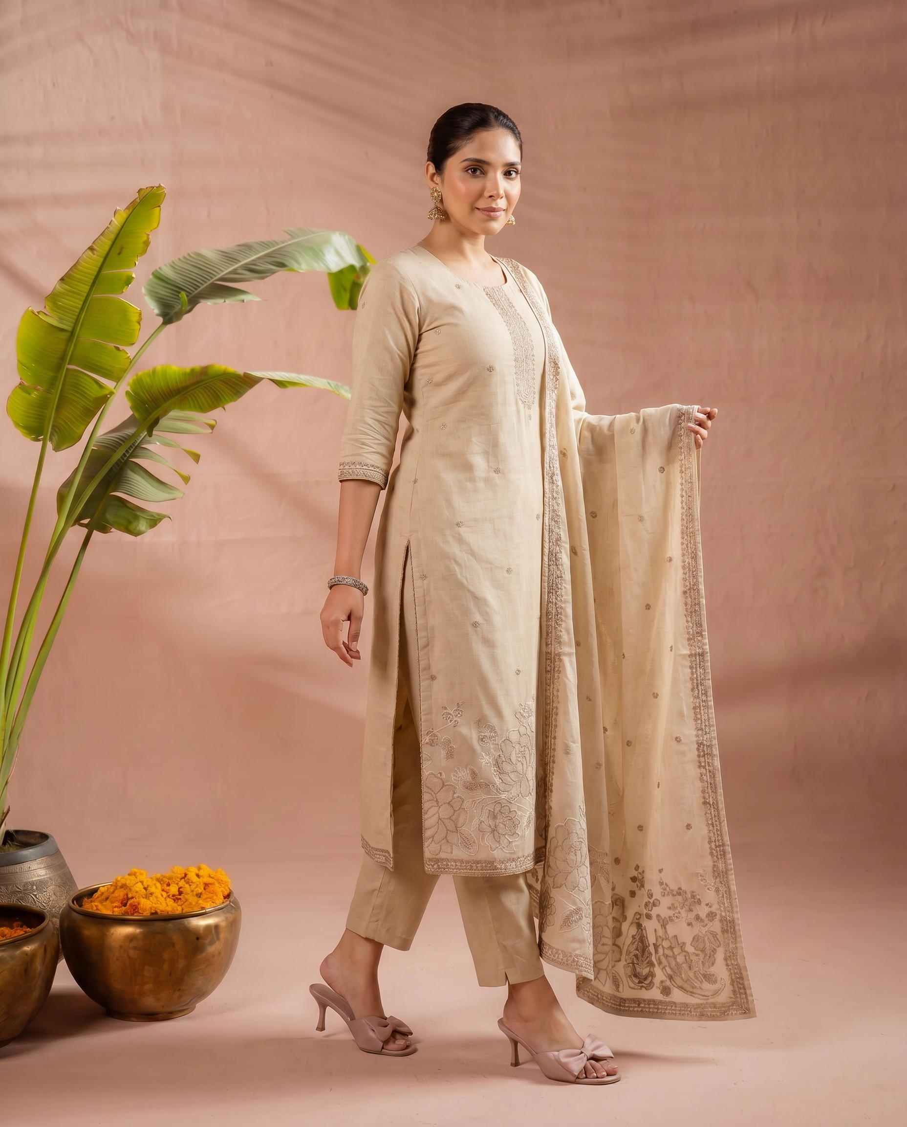 Beige Embroidered Salwar Suit Set with Gold & Brown Detail - side