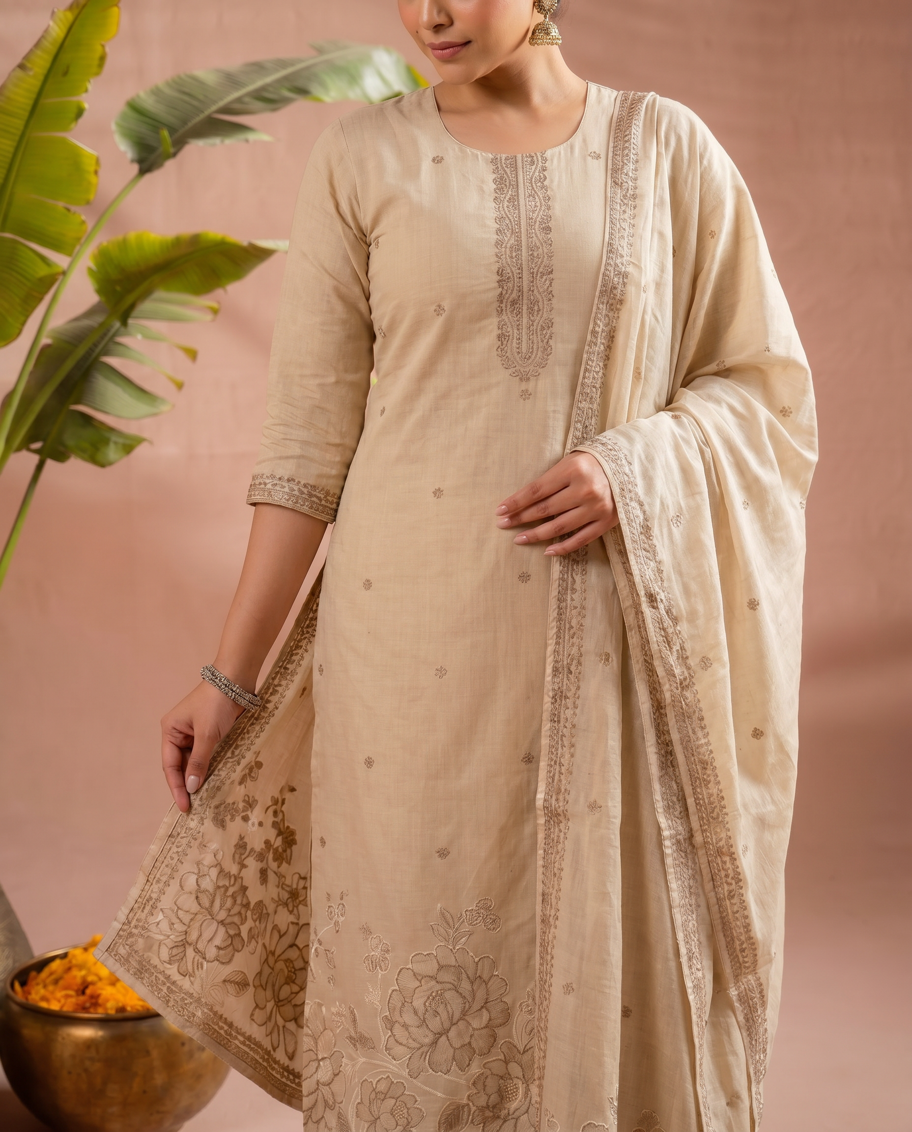 Beige Embroidered Salwar Suit Set with Gold & Brown Detail - closeup