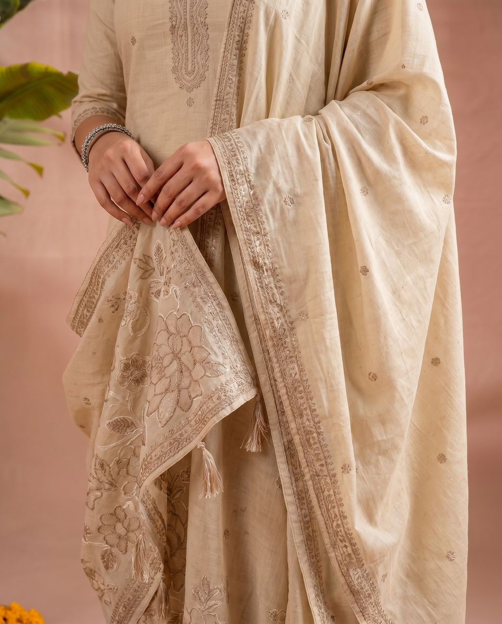 Beige Embroidered Salwar Suit Set with Gold & Brown Detail - dupatta