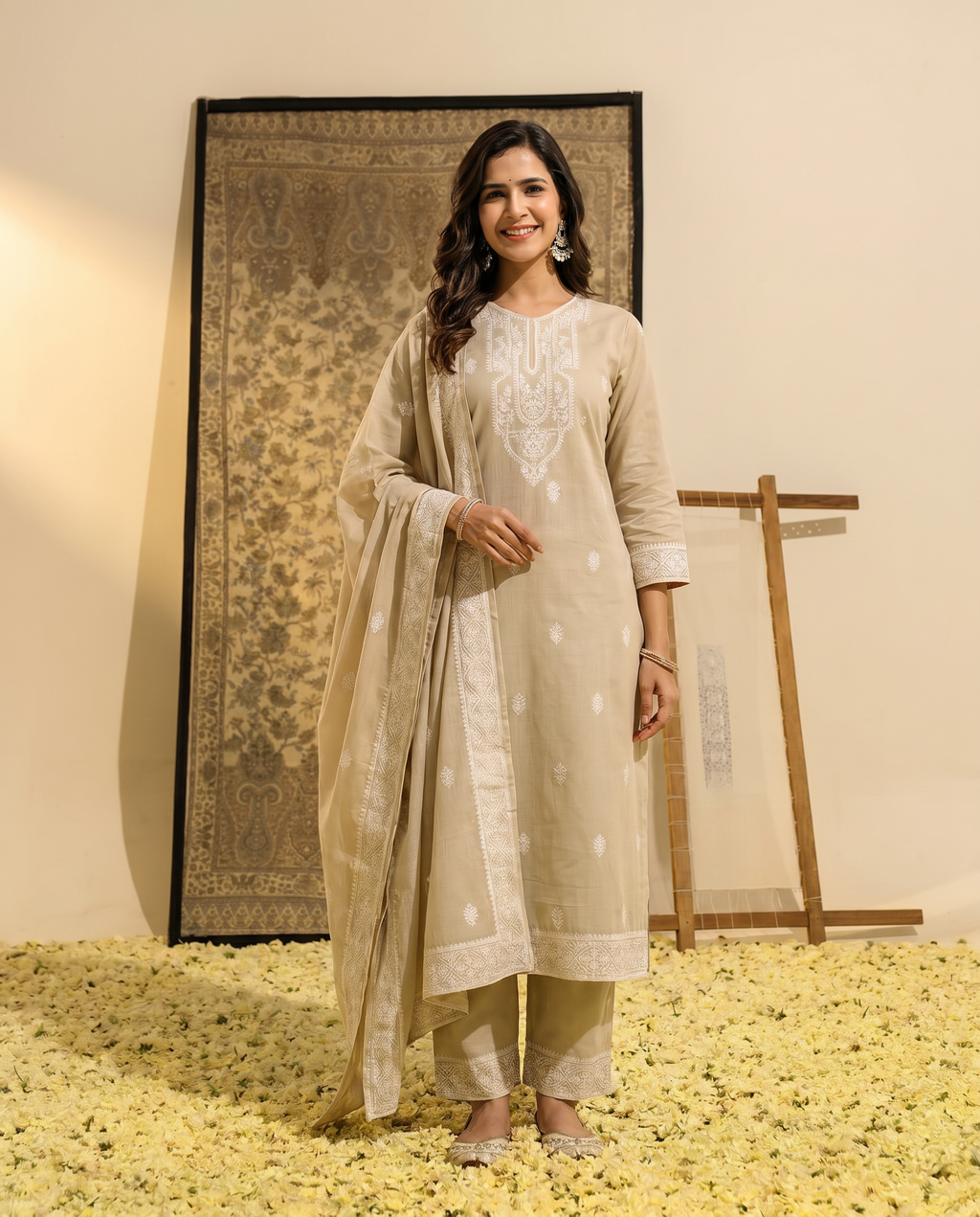 Beige Embroidered Salwar Suit Set with White Border - front