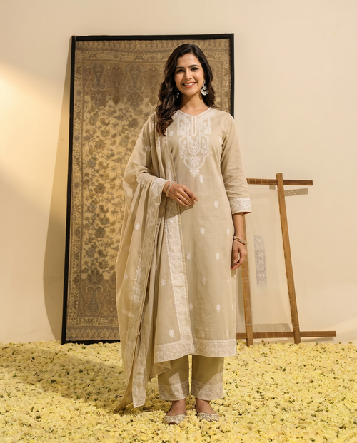 Beige Embroidered Salwar Suit Set with White Border - front