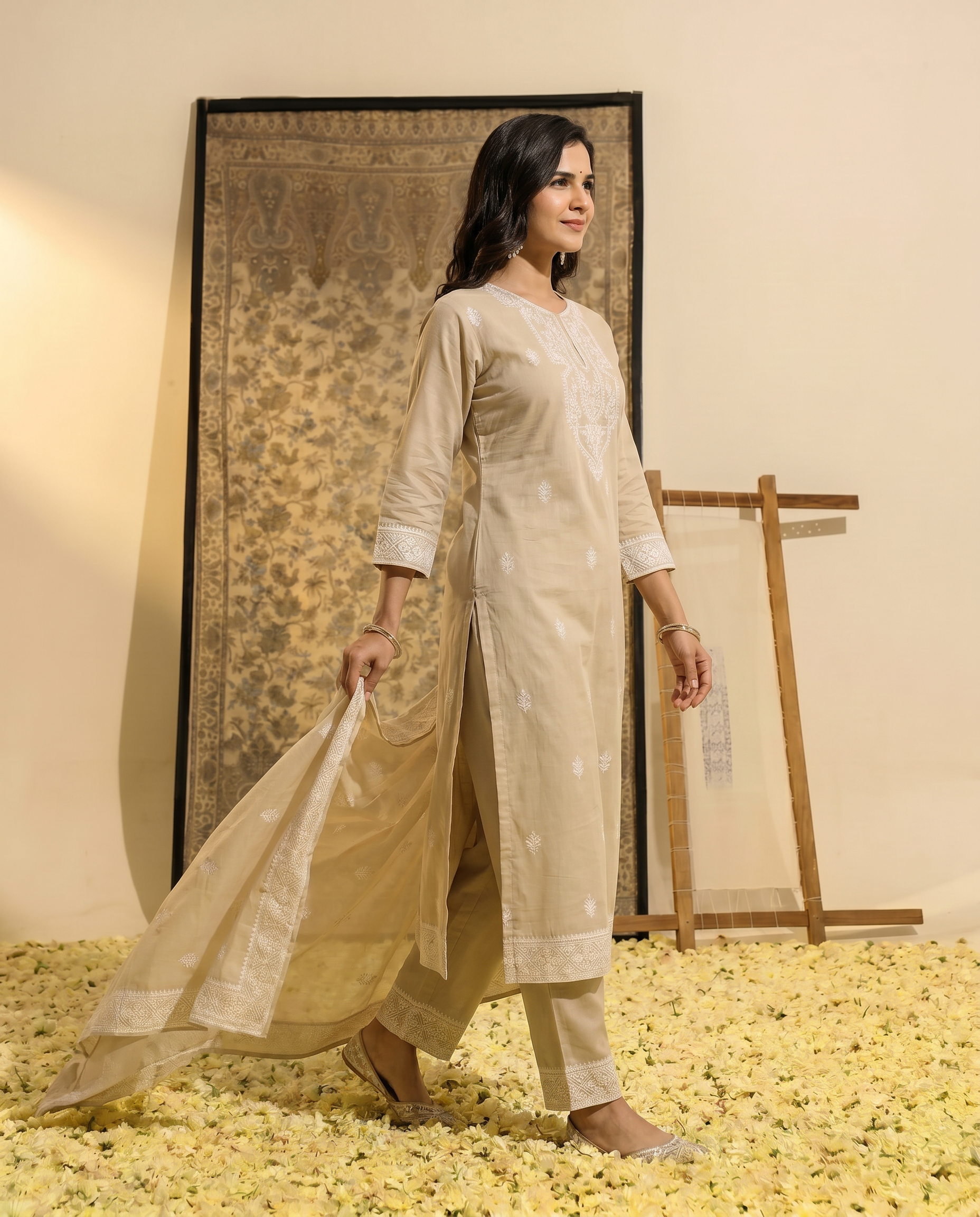 Beige Embroidered Salwar Suit Set with White Border - side