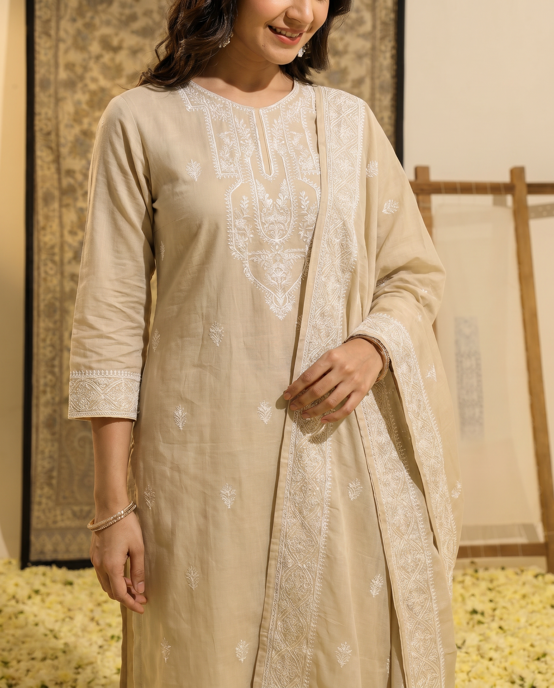 Beige Embroidered Salwar Suit Set with White Border - closeup