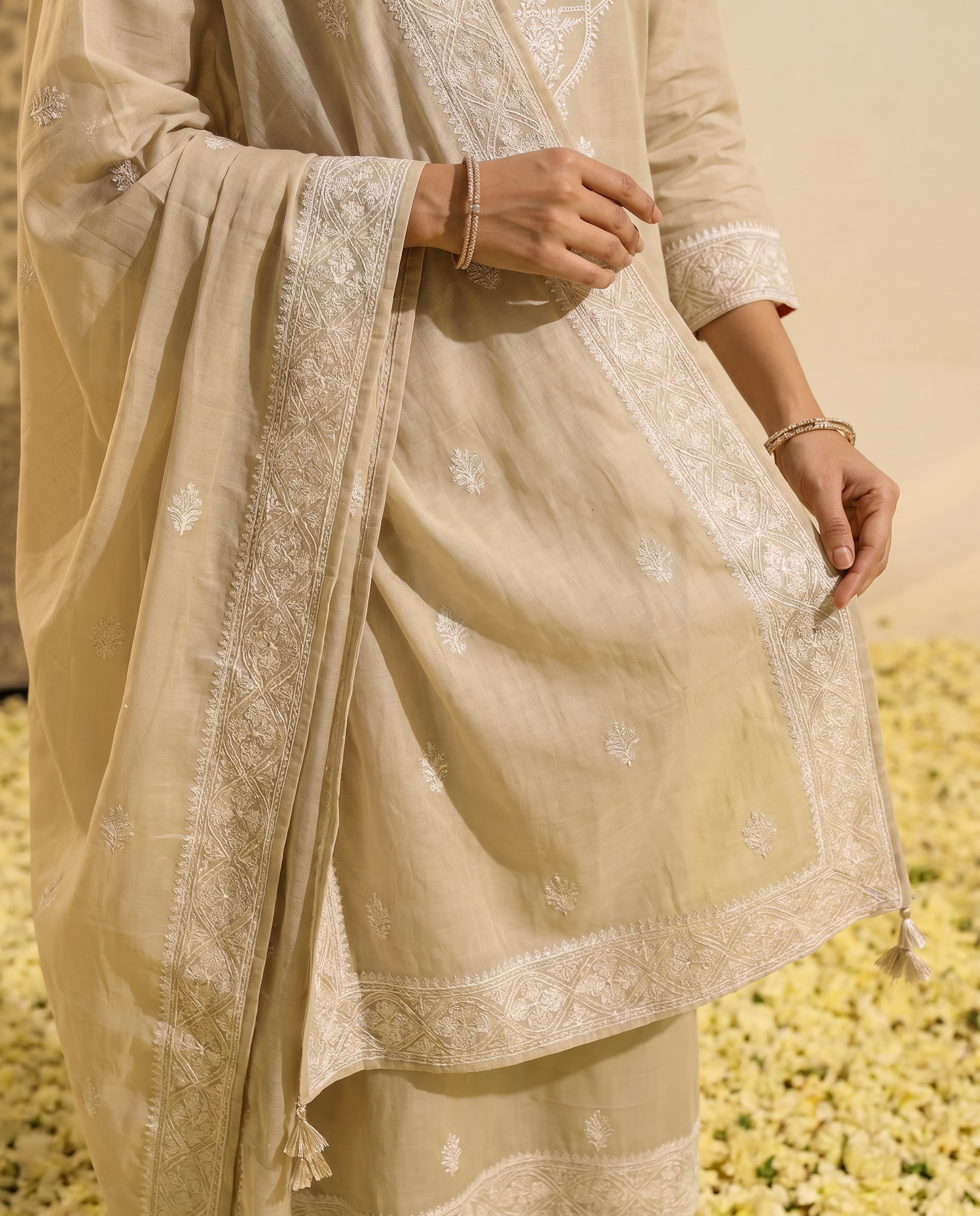 Beige Embroidered Salwar Suit Set with White Border - dupatta