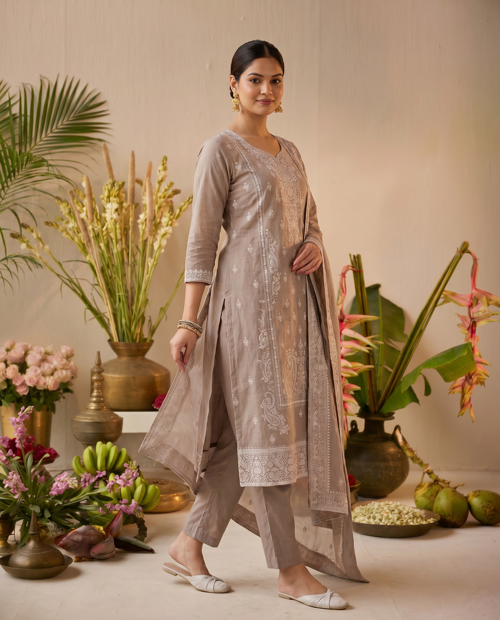 Beige Embroidered Salwar Suit Set with White Detail - side