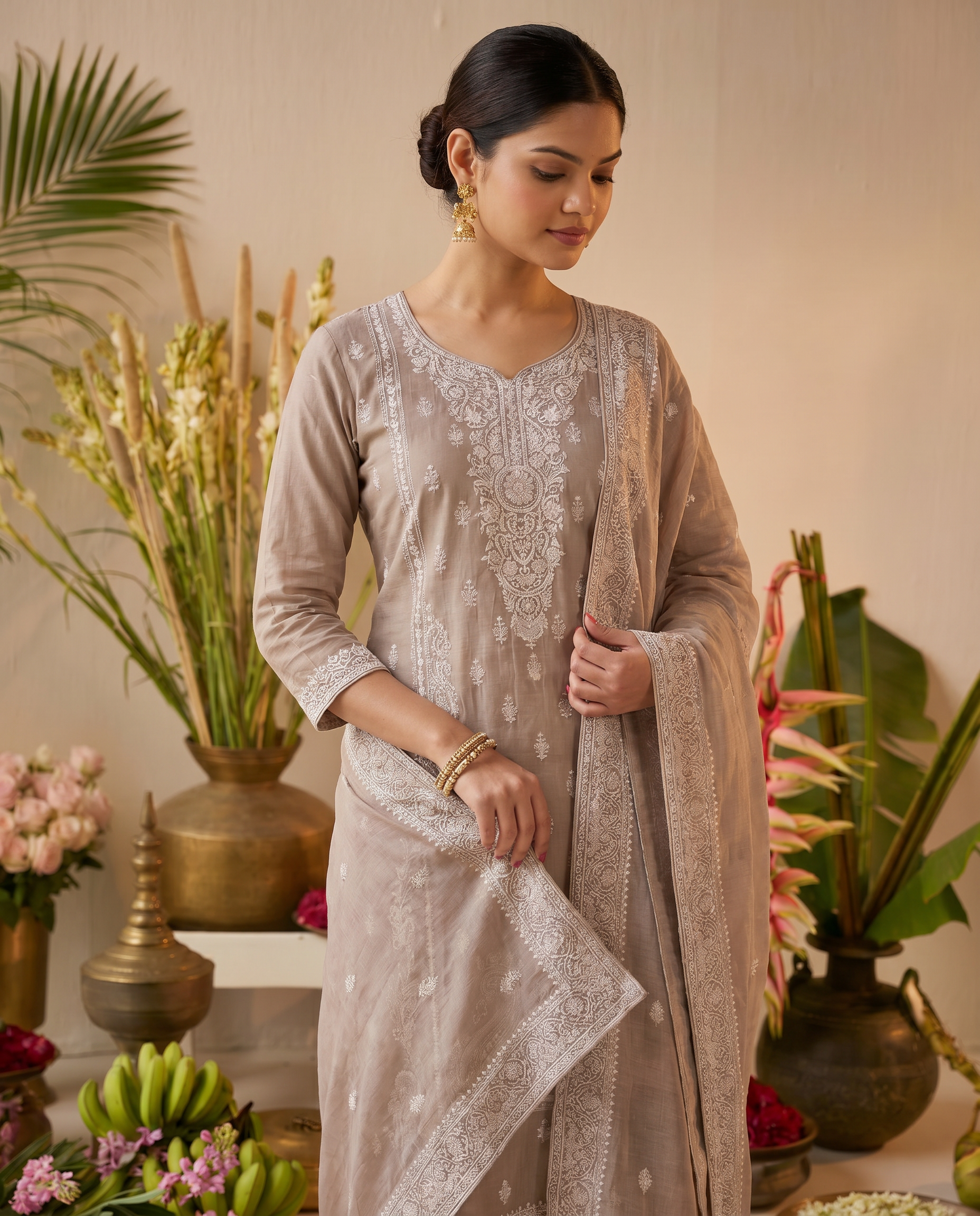 Beige Embroidered Salwar Suit Set with White Detail - closeup