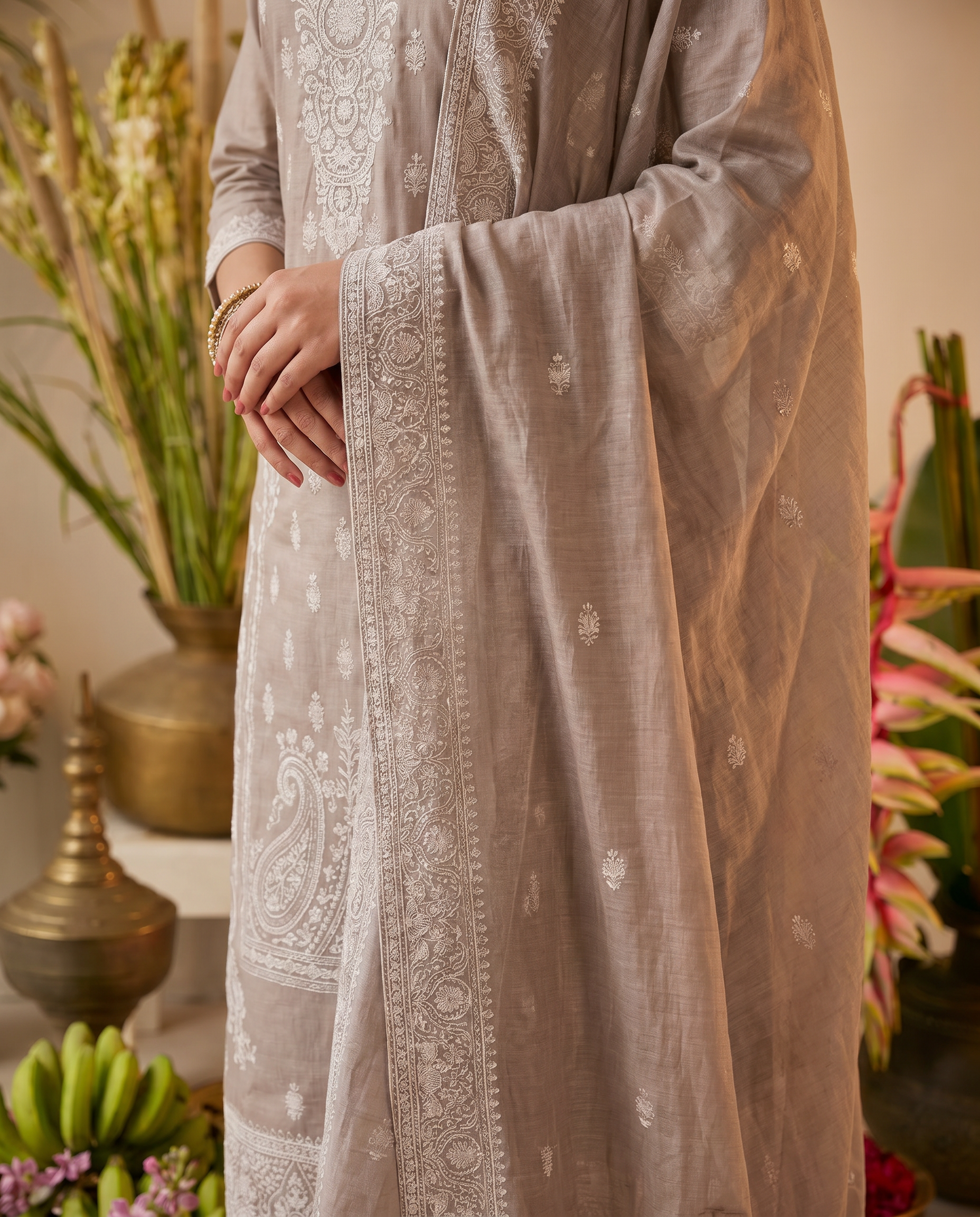 Beige Embroidered Salwar Suit Set with White Detail - dupatta