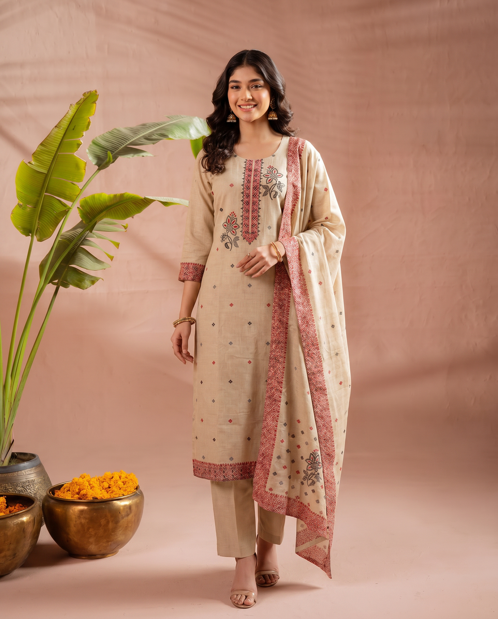 Beige Floral Embroidery Salwar Suit Set - front