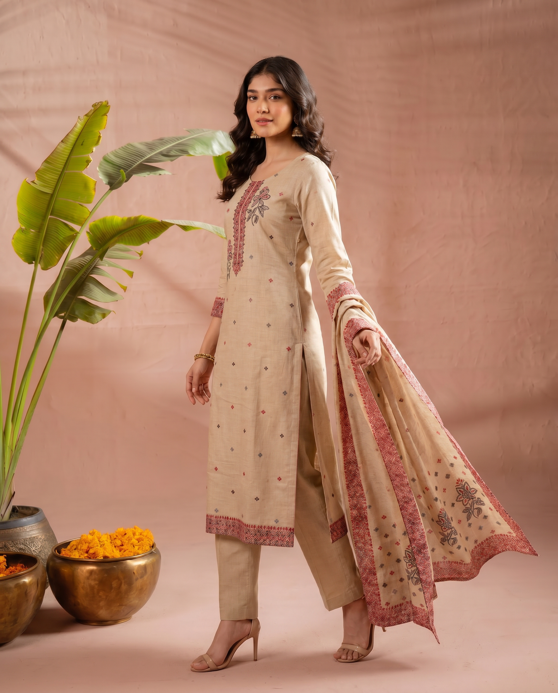 Beige Floral Embroidery Salwar Suit Set - side