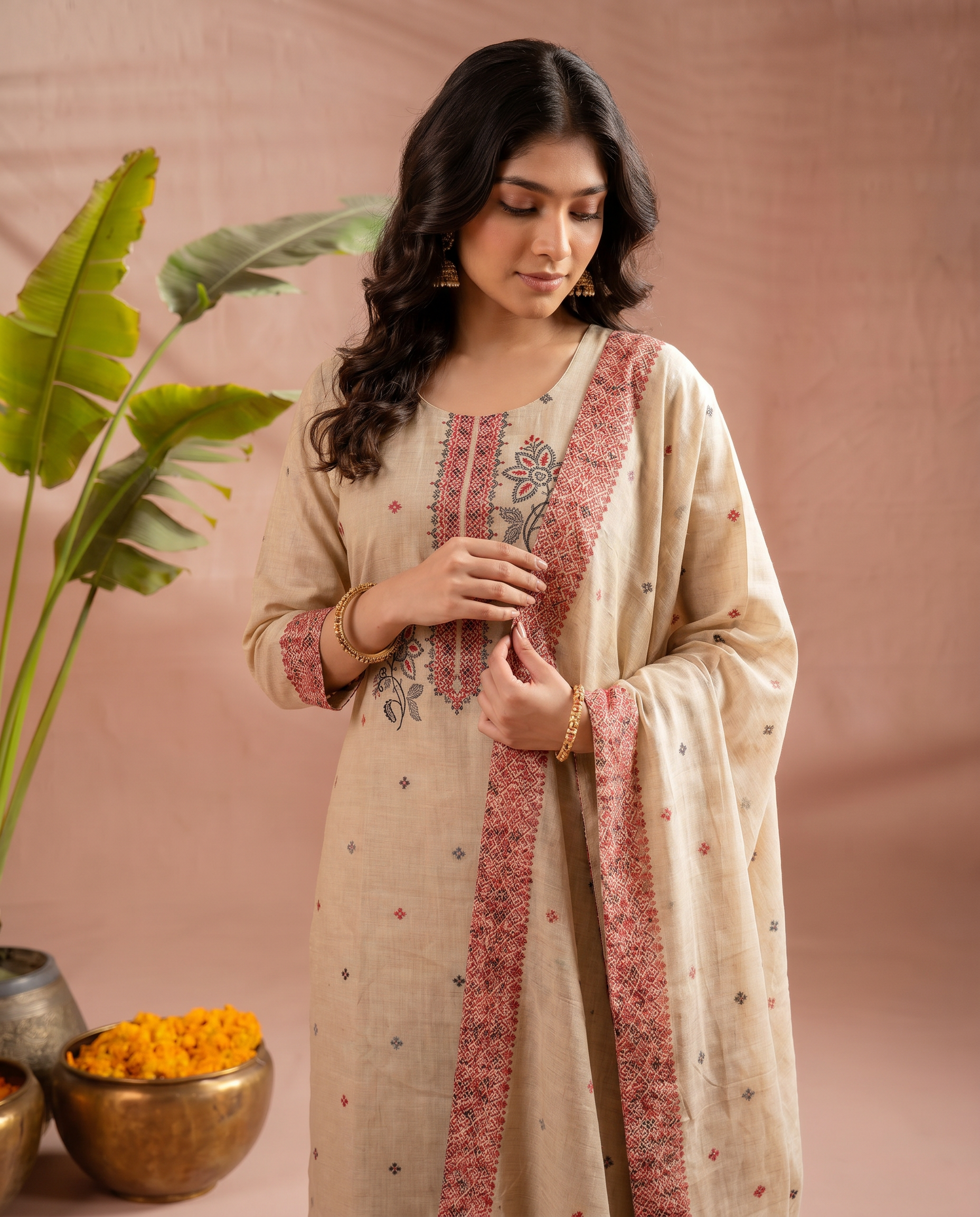 Beige Floral Embroidery Salwar Suit Set - closeup