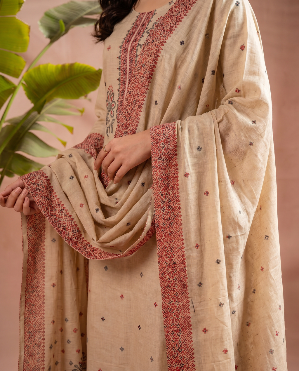 Beige Floral Embroidery Salwar Suit Set - dupatta