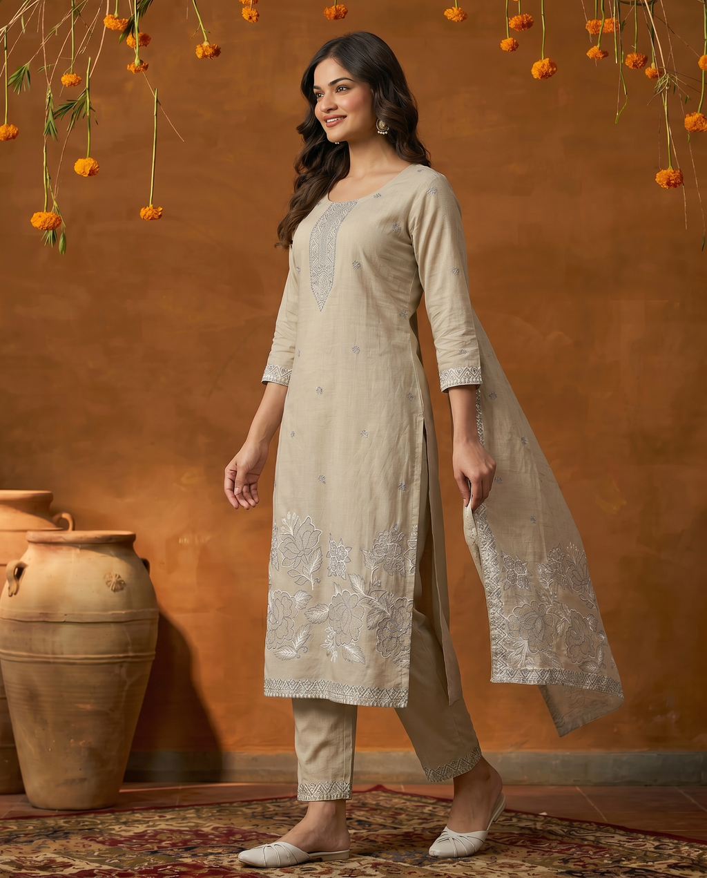 Beige Floral Embroidery Salwar Suit Set with Grey Detail - side