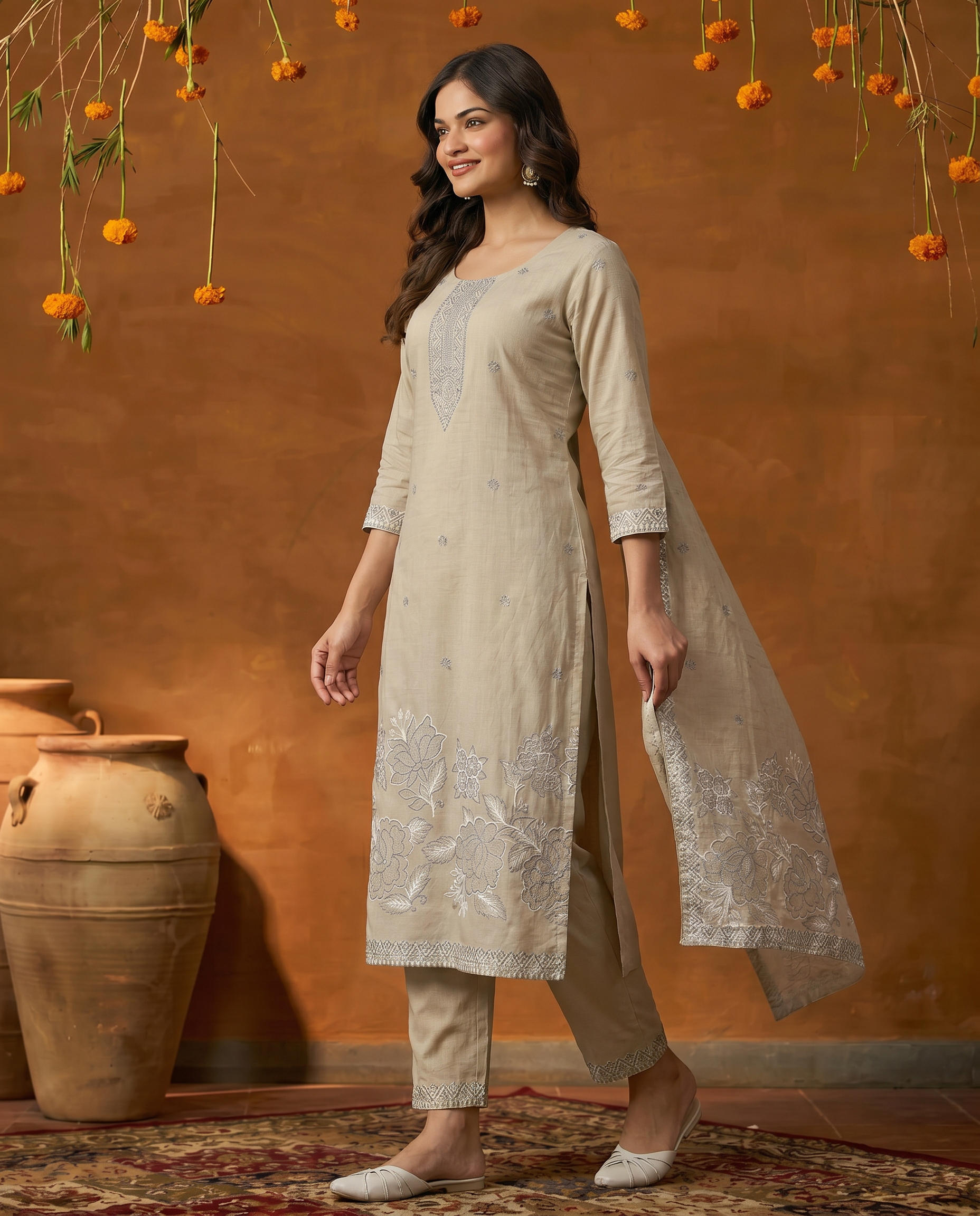 Beige Floral Embroidery Salwar Suit Set with Grey Detail - side
