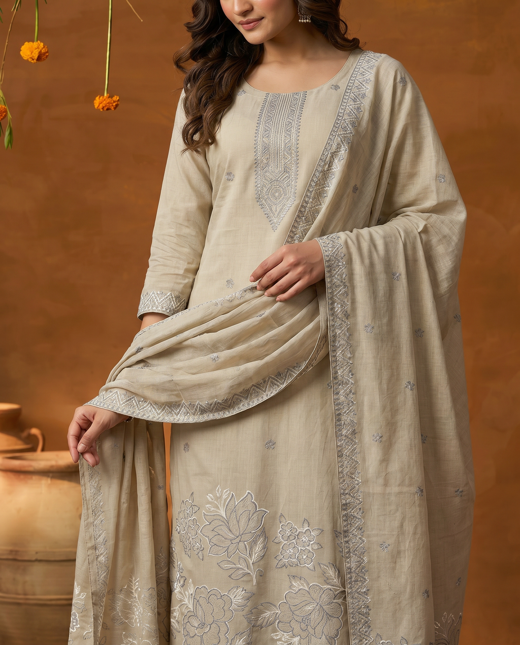 Beige Floral Embroidery Salwar Suit Set with Grey Detail - closeup
