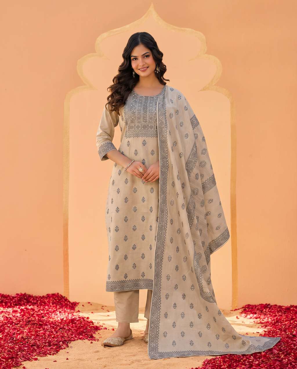 Beige Grey Embroidered Salwar Suit Set - front