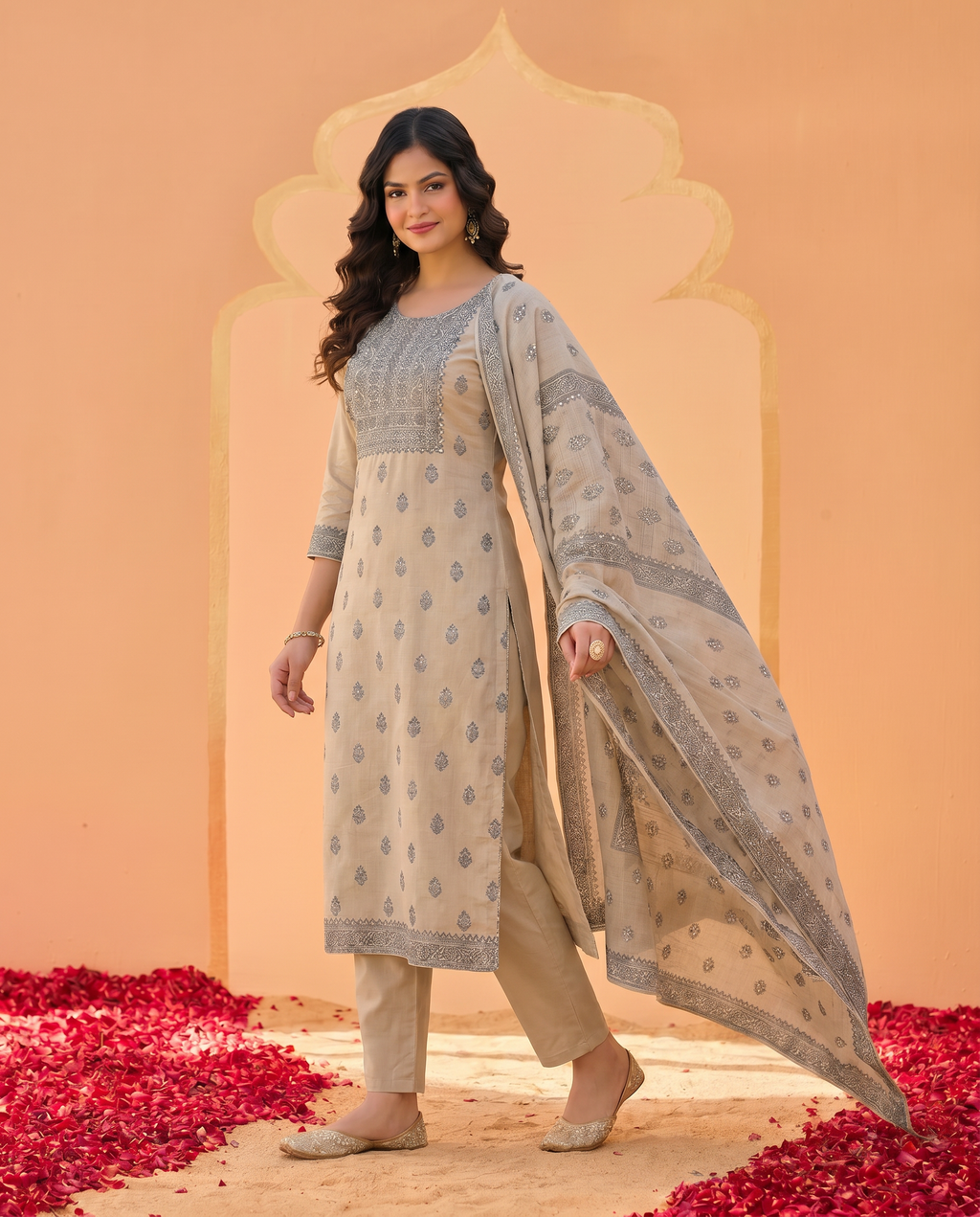 Beige Grey Embroidered Salwar Suit Set - side