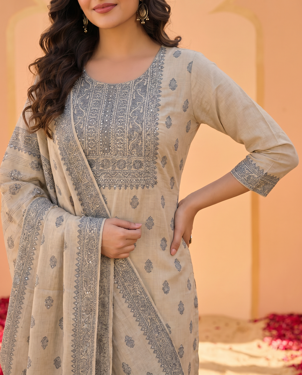 Beige Grey Embroidered Salwar Suit Set - closeup