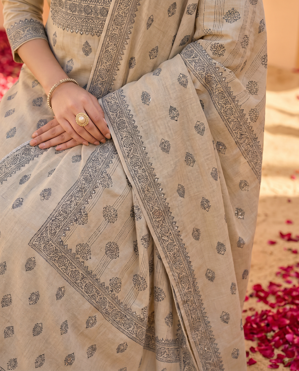 Beige Grey Embroidered Salwar Suit Set - dupatta