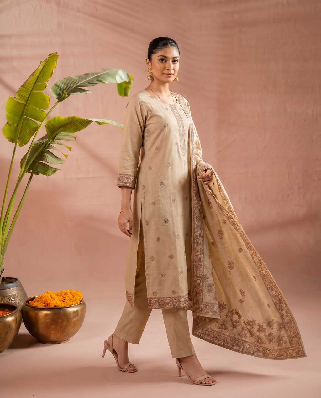 Beige Salwar Suit Set - side